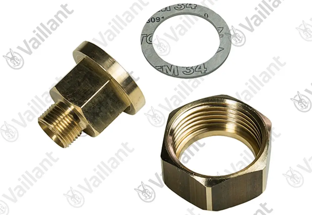 Vaillant Adapter aus Messing, bestehend aus einem Innen- und einem Außengewinde sowie einer Dichtungsscheibe.